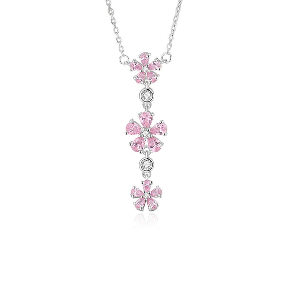 Women's 925 Silver Plum Blossom Pendant Necklace With Powder Diamond Geometric Design