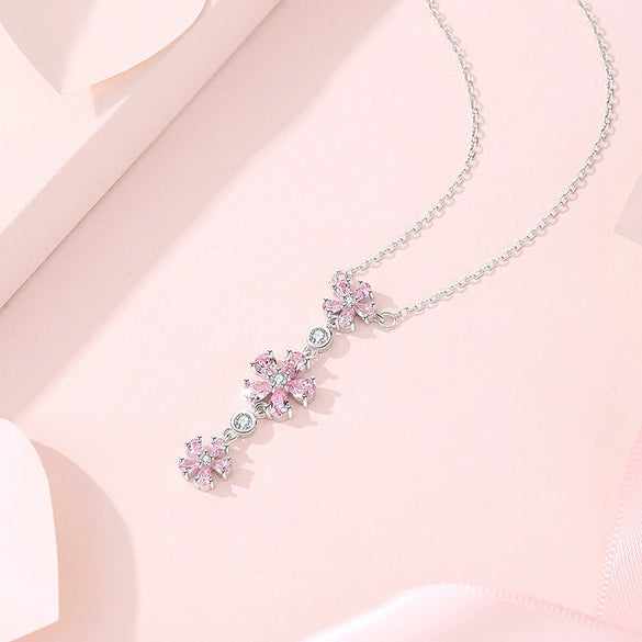 Women's 925 Silver Plum Blossom Pendant Necklace With Powder Diamond Geometric Design