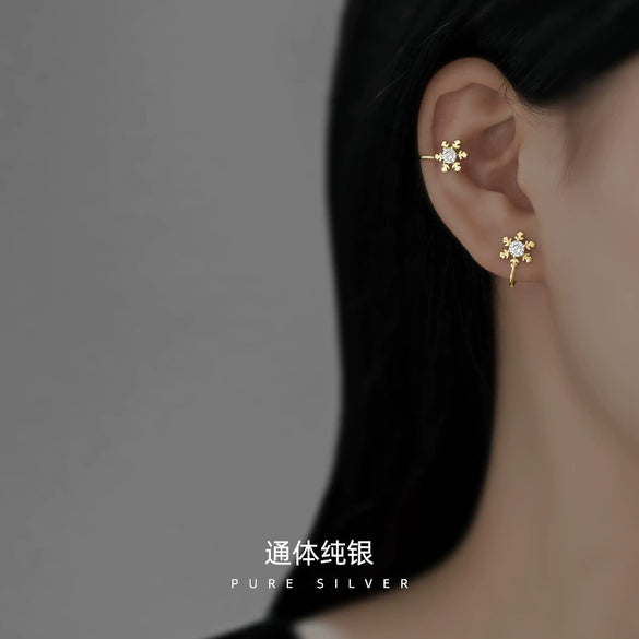 Women's Silver Snowflake Ear Cuff Earrings Geometric Electroplated Clipon Jewelry For Nonpierced Ears