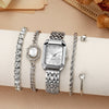 Women's Silver Stainless Steel Watch Set With Square Dial And Doublesided Press Buckle