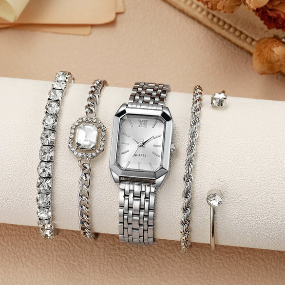 Women's Silver Stainless Steel Watch Set With Square Dial And Doublesided Press Buckle