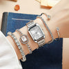 Women's Silver Stainless Steel Watch Set With Square Dial And Doublesided Press Buckle