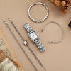 Women's Silver Stainless Steel Watch Set With Square Dial And Doublesided Press Buckle