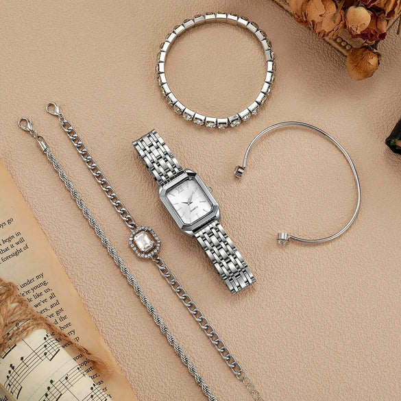 Women's Silver Stainless Steel Watch Set With Square Dial And Doublesided Press Buckle