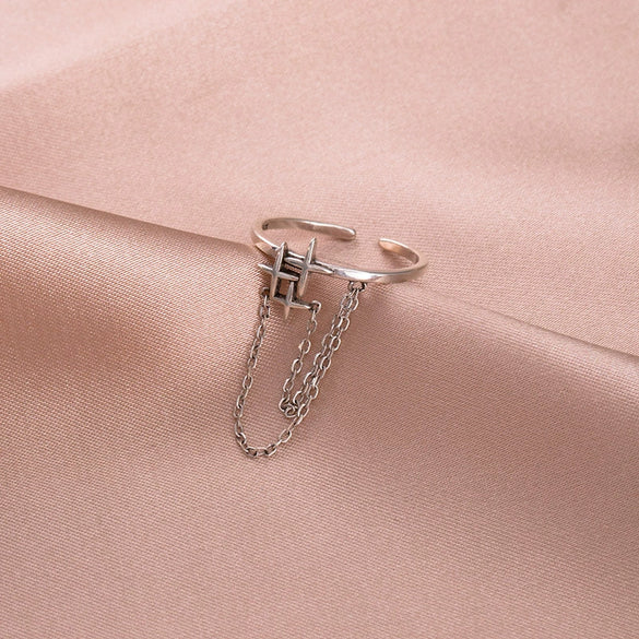 Women's 925 Silver Star Chain Ring With Electroplated Finish Adjustable Open Band Minimalist Jewelry