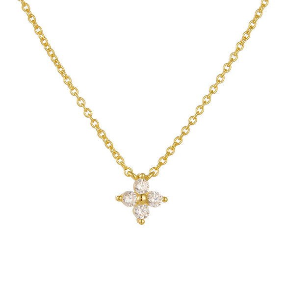 Women's Silver 925 Sterling Silver Plated 14K Gold Diamond Fourleaf Clover Flower Pendant Necklace With Cross Chain