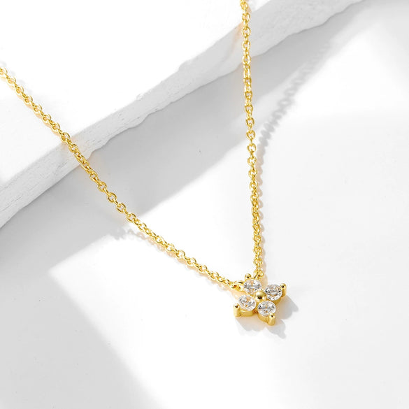 Women's Silver 925 Sterling Silver Plated 14K Gold Diamond Fourleaf Clover Flower Pendant Necklace With Cross Chain