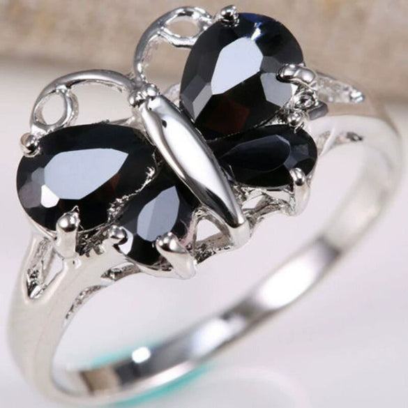 Women's Silver Tone Zircon Inlaid Butterfly And Heart Ring Creative Character Style Jewelry