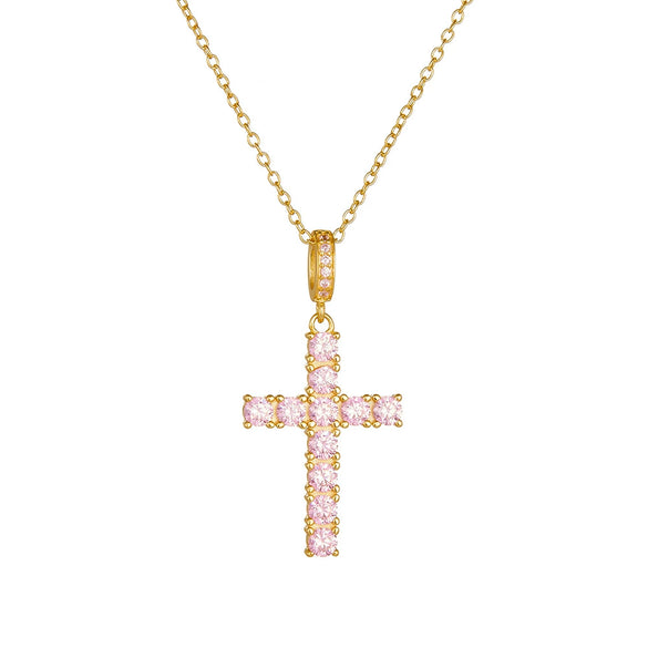 Women's 925 Silver Trendy Allmatch Light Luxury Cross Necklace Set With Pink Zircon And Diamonds