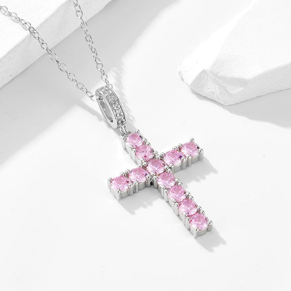 Women's 925 Silver Trendy Allmatch Light Luxury Cross Necklace Set With Pink Zircon And Diamonds