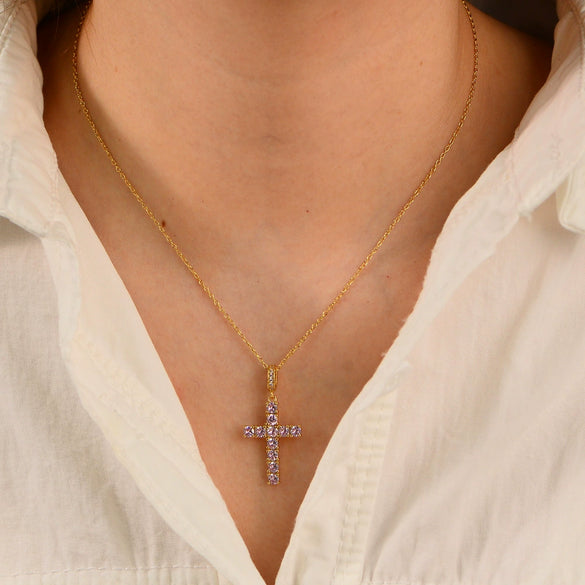 Women's 925 Silver Trendy Allmatch Light Luxury Cross Necklace Set With Pink Zircon And Diamonds