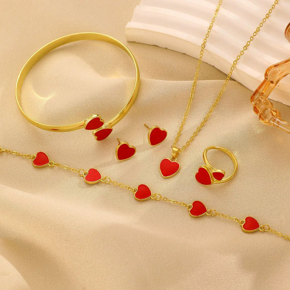 Women's Simple Alloy Jewelry Set With Heart And Oil Dropping Shapes Electroplated Necklace Earrings Ring Bracelet