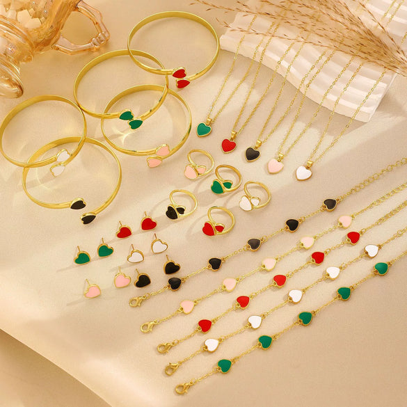Women's Simple Alloy Jewelry Set With Heart And Oil Dropping Shapes Electroplated Necklace Earrings Ring Bracelet