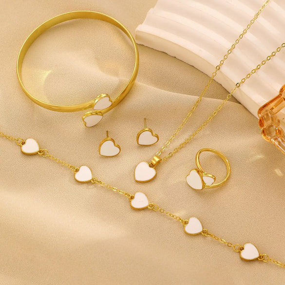 Women's Simple Alloy Jewelry Set With Heart And Oil Dropping Shapes Electroplated Necklace Earrings Ring Bracelet