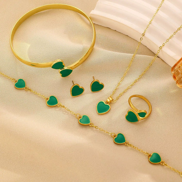 Women's Simple Alloy Jewelry Set With Heart And Oil Dropping Shapes Electroplated Necklace Earrings Ring Bracelet