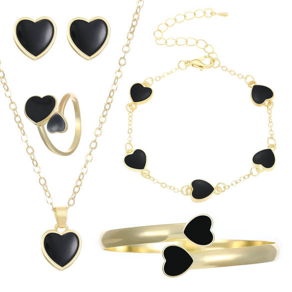 Women's Simple Alloy Jewelry Set With Heart And Oil Dropping Shapes Electroplated Necklace Earrings Ring Bracelet