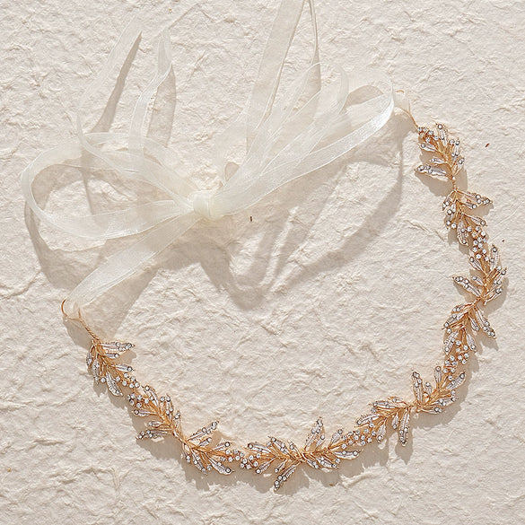 Women's Simple Alloy Leaf Headband With Rhinestone Inlay Bridal Wedding Hairband Updo Hair Accessory
