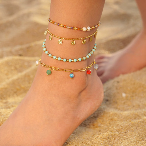 Women's Simple Bohemian Geometric Titanium Steel Colorful Rice Beads Anklet