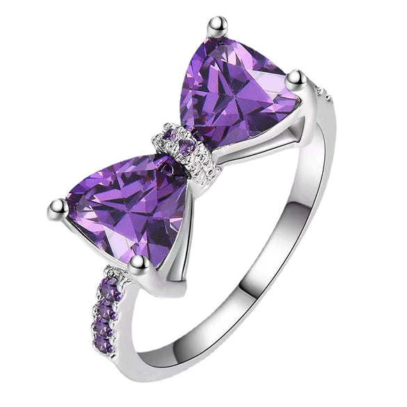Women's Simple Bow Ring With Purple Zircon Stone Electroplated Metal Engagement Jewelry