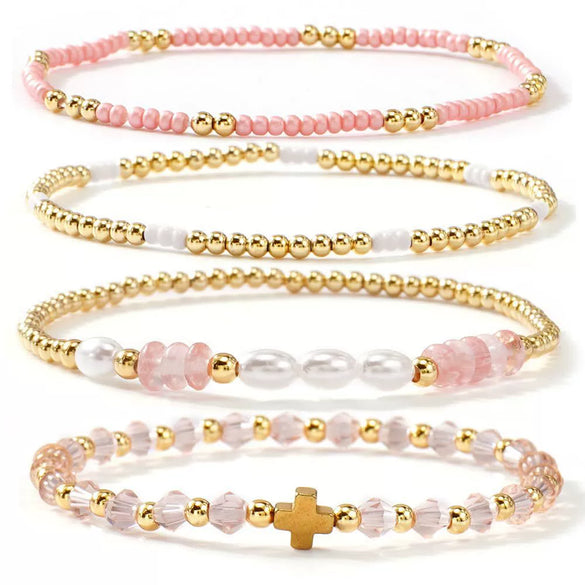Women's Simple Copper Beaded Cross Bracelet With Geometric Design Electroplated Elastic Stackable Fashion Bracelet