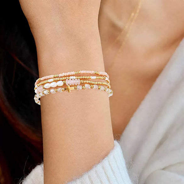 Women's Simple Copper Beaded Cross Bracelet With Geometric Design Electroplated Elastic Stackable Fashion Bracelet
