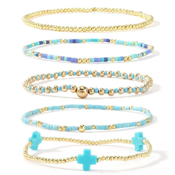 Women's Simple Copper Beaded Cross Bracelet With Geometric Design Electroplated Elastic Stackable Fashion Bracelet