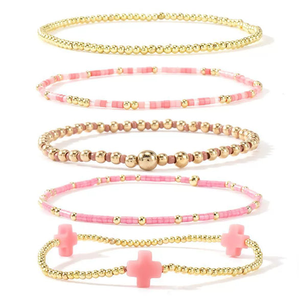 Women's Simple Copper Beaded Cross Bracelet With Geometric Design Electroplated Elastic Stackable Fashion Bracelet