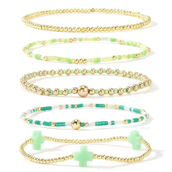 Women's Simple Copper Beaded Cross Bracelet With Geometric Design Electroplated Elastic Stackable Fashion Bracelet