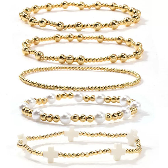 Women's Simple Copper Beaded Cross Bracelet With Geometric Design Electroplated Elastic Stackable Fashion Bracelet