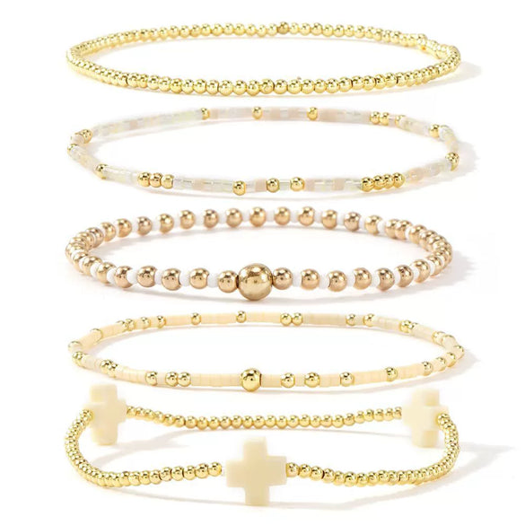Women's Simple Copper Beaded Cross Bracelet With Geometric Design Electroplated Elastic Stackable Fashion Bracelet