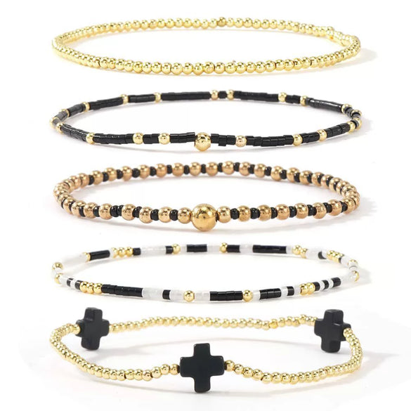 Women's Simple Copper Beaded Cross Bracelet With Geometric Design Electroplated Elastic Stackable Fashion Bracelet