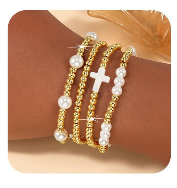 Women's Simple Copper Beaded Cross Bracelet With Geometric Design Electroplated Elastic Stackable Fashion Bracelet