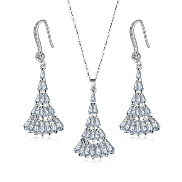 Women's Simple Copper Earrings And Necklace Set With Artificial Zircon Diamond Design Long Tassel Fan Pendant O Chain Jewelry Set