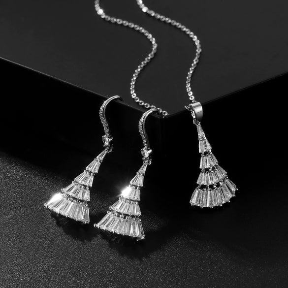 Women's Simple Copper Earrings And Necklace Set With Artificial Zircon Diamond Design Long Tassel Fan Pendant O Chain Jewelry Set