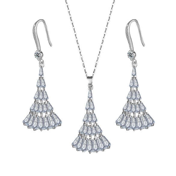 Women's Simple Copper Earrings And Necklace Set With Artificial Zircon Diamond Design Long Tassel Fan Pendant O Chain Jewelry Set