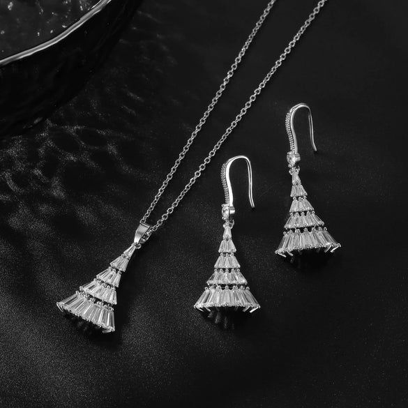 Women's Simple Copper Earrings And Necklace Set With Artificial Zircon Diamond Design Long Tassel Fan Pendant O Chain Jewelry Set