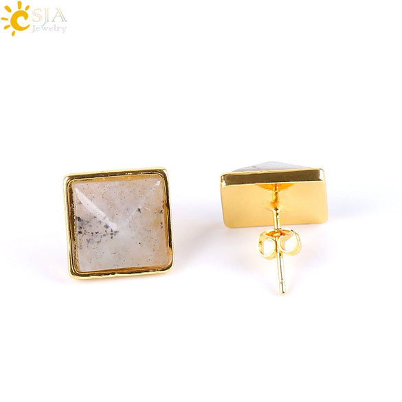 Women's Simple Crystal Pyramid Cone Earrings With Natural Stone Look Electroplated Fashion Jewelry