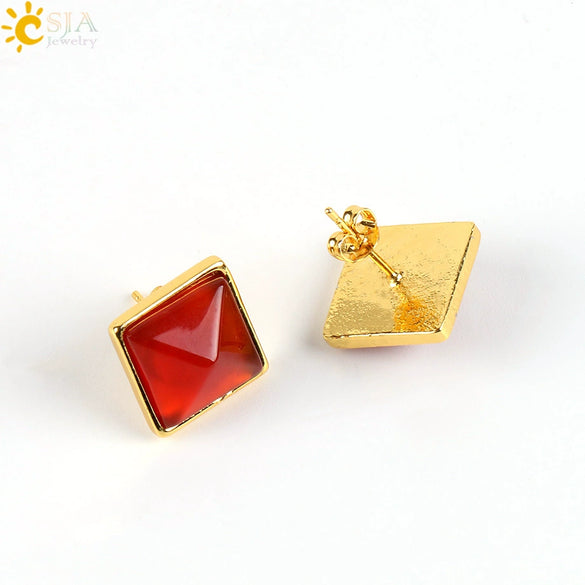 Women's Simple Crystal Pyramid Cone Earrings With Natural Stone Look Electroplated Fashion Jewelry