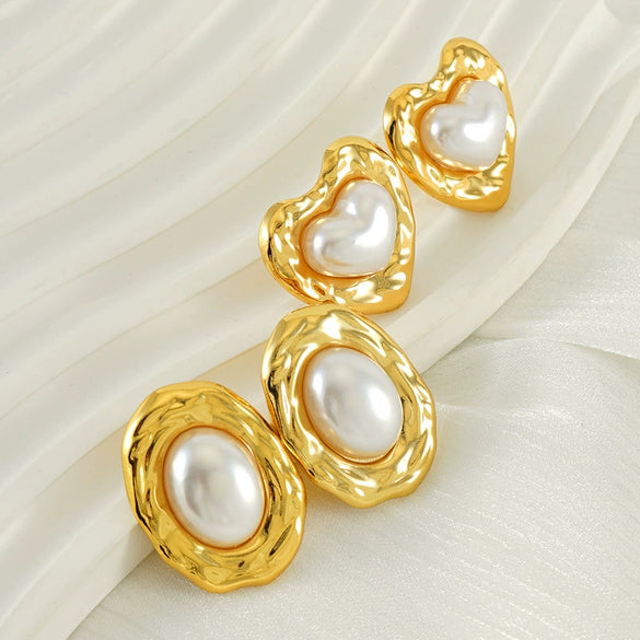 Women's Simple Elegant Light Luxury 316L Stainless Steel Heartshaped Titanium Steel Pearl Earrings With Geometric Design And Electroplating