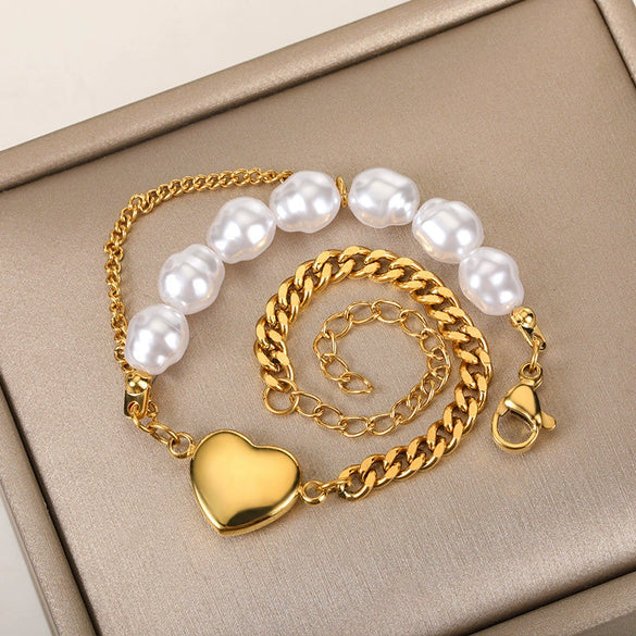 Women's Simple Fashion Pearl Stainless Steel Platinum Gold Bracelet
