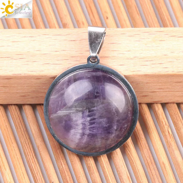 Women's Simple Flat Round Natural Stone Pendant Necklace In Stainless Steel With Bead Chain Fashion Jewelry
