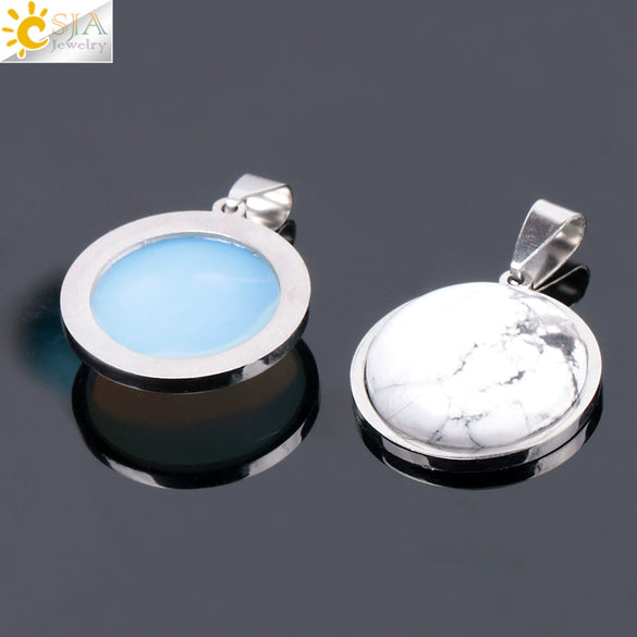 Women's Simple Flat Round Natural Stone Pendant Necklace In Stainless Steel With Bead Chain Fashion Jewelry