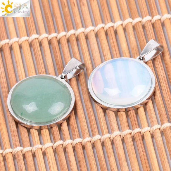 Women's Simple Flat Round Natural Stone Pendant Necklace In Stainless Steel With Bead Chain Fashion Jewelry