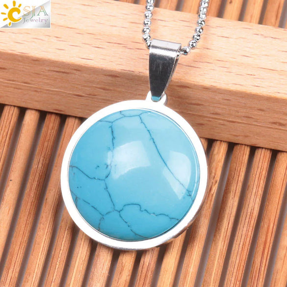 Women's Simple Flat Round Natural Stone Pendant Necklace In Stainless Steel With Bead Chain Fashion Jewelry