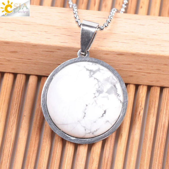 Women's Simple Flat Round Natural Stone Pendant Necklace In Stainless Steel With Bead Chain Fashion Jewelry
