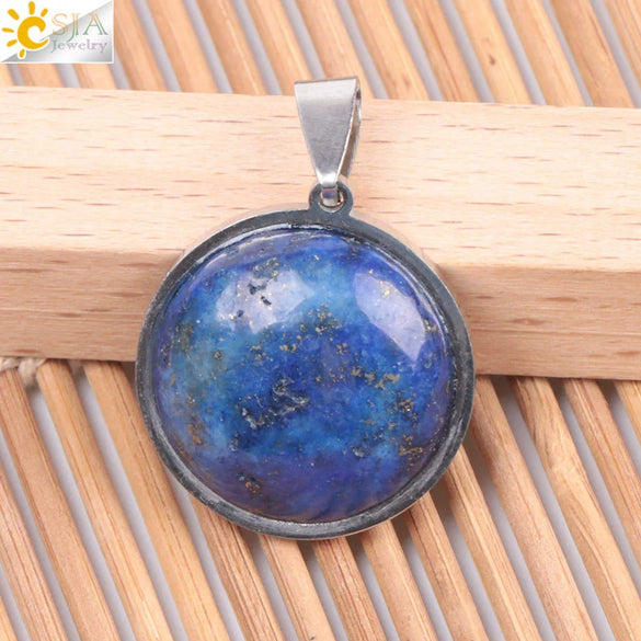 Women's Simple Flat Round Natural Stone Pendant Necklace In Stainless Steel With Bead Chain Fashion Jewelry
