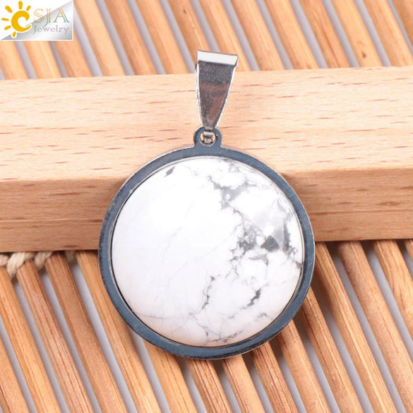 Women's Simple Flat Round Natural Stone Pendant Necklace In Stainless Steel With Bead Chain Fashion Jewelry