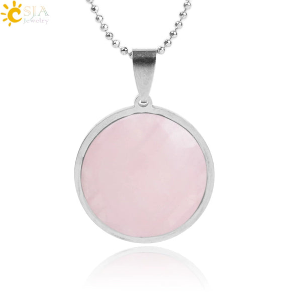 Women's Simple Flat Round Natural Stone Pendant Necklace In Stainless Steel With Bead Chain Fashion Jewelry