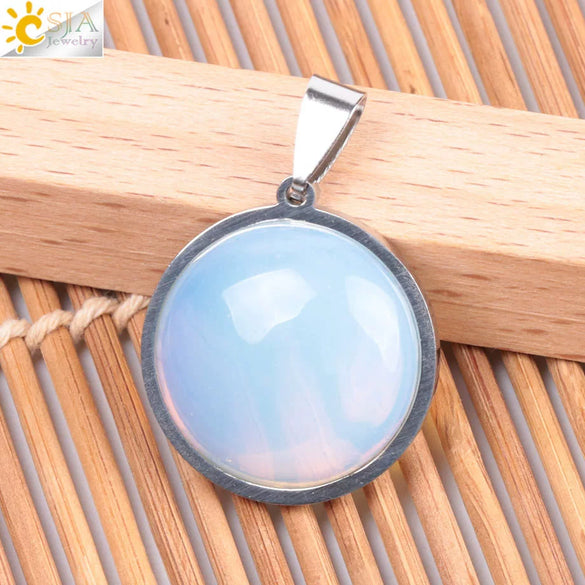 Women's Simple Flat Round Natural Stone Pendant Necklace In Stainless Steel With Bead Chain Fashion Jewelry