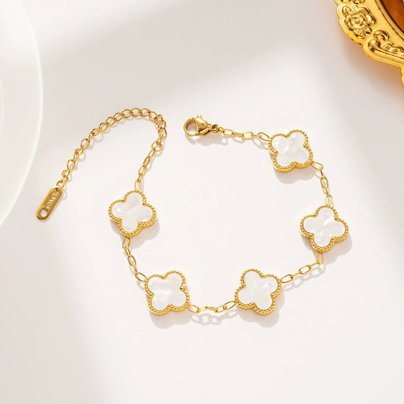 Women's Simple Flower Pattern Titanium Steel Bracelet With Gold Inlaid Four Leaf Clover Design